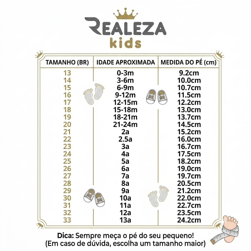 Guia de tamanhos Realeza Kids — tamanho por idade e medida do pé em cm